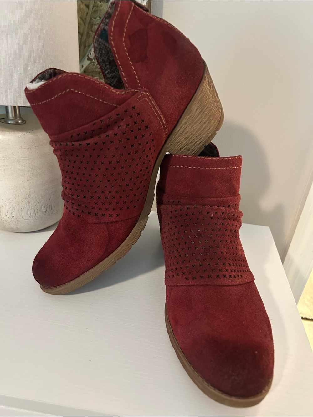 Burnt Red Suede Ankle Boots with Perforated Detail